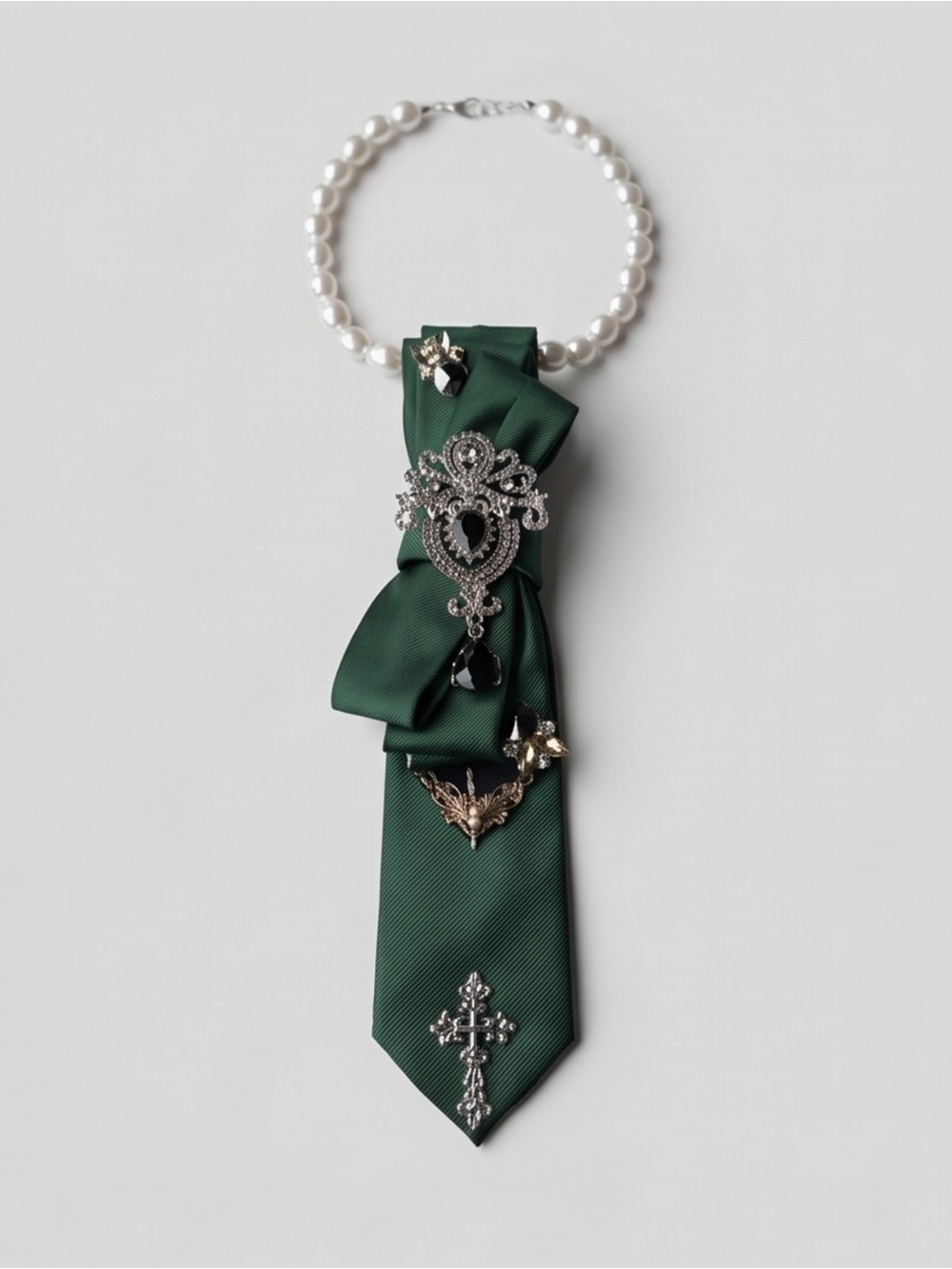 Emerald Green Satin Tie Necklace with Pearl Chain and Crystal Accents